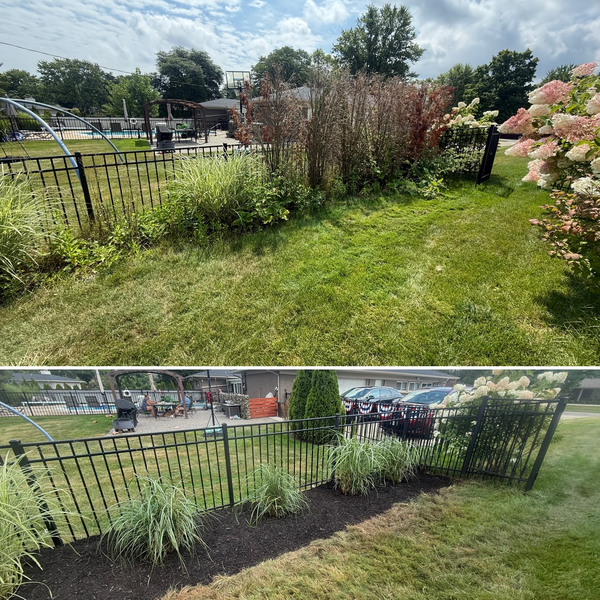 Front yard landscape redesign with mulch and plantings