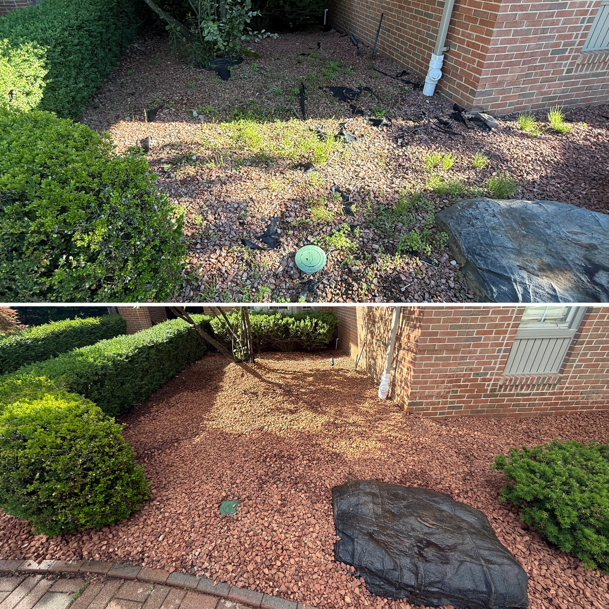 River rock bed installation before and after