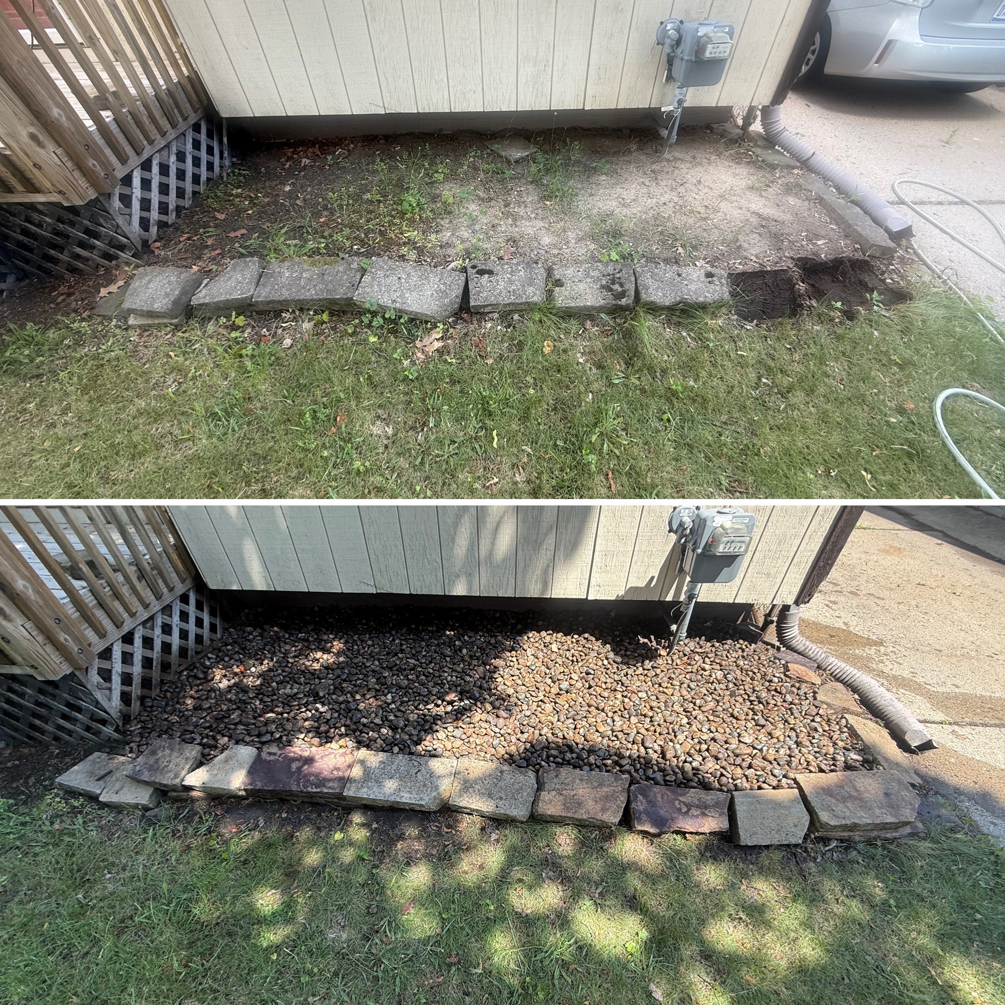 Red gravel bed with retaining wall border